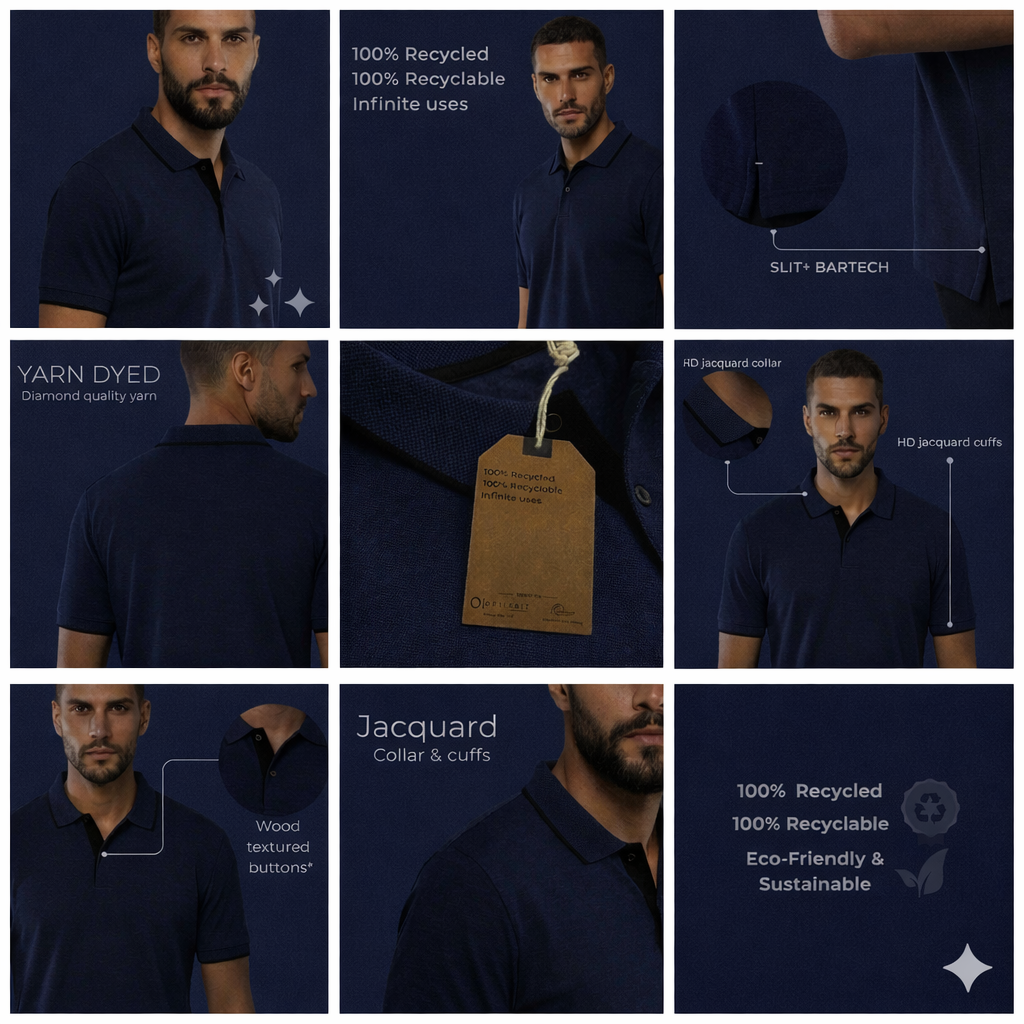 Men’s navy blue cquard polo t-shirt with subtle textured pattern
