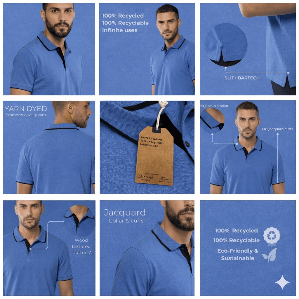 Men’s blue jacquard polo t-shirt with subtle textured pattern